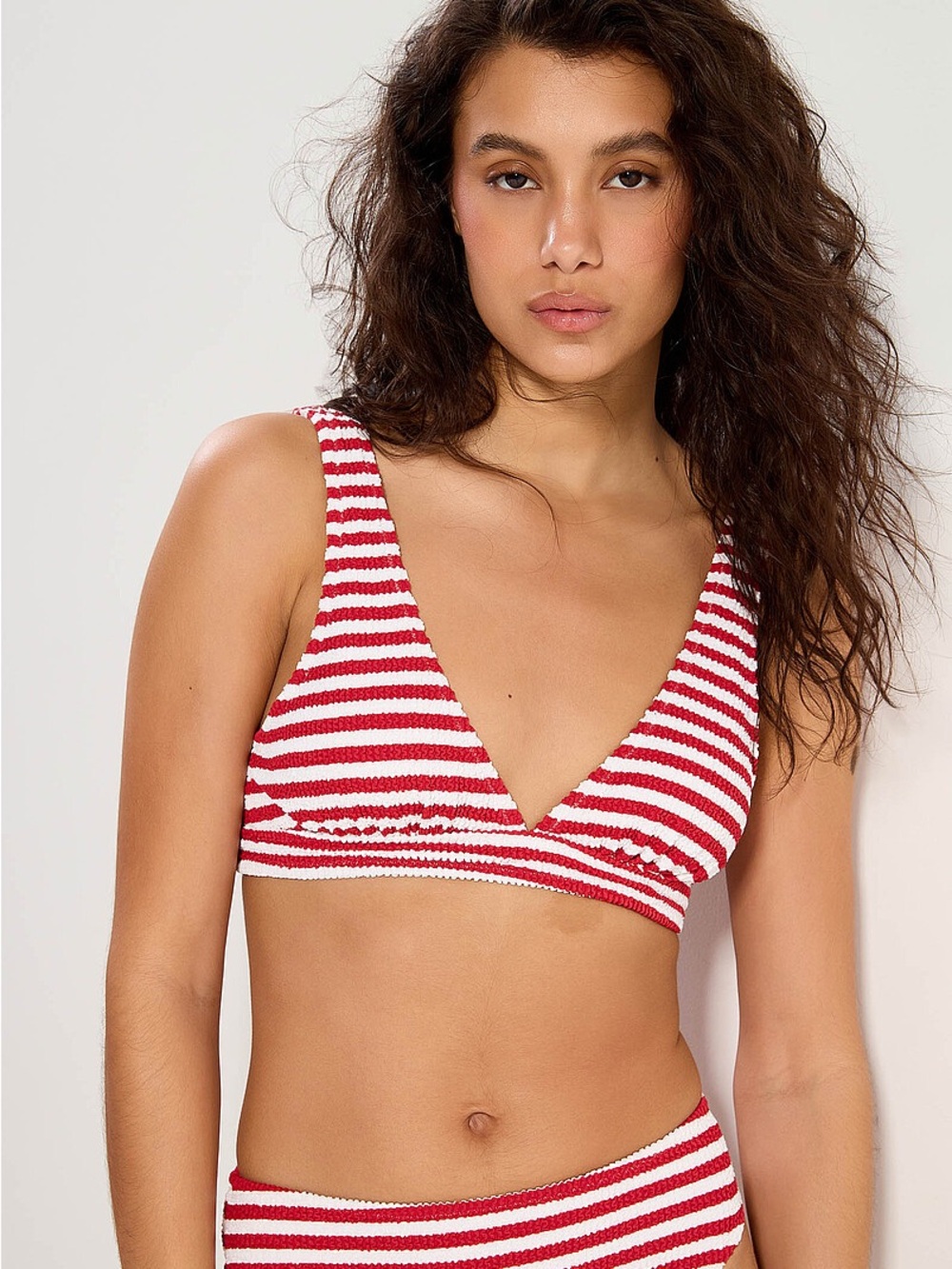 Exhilaration Striped Red & White V-Neck Bikini Top